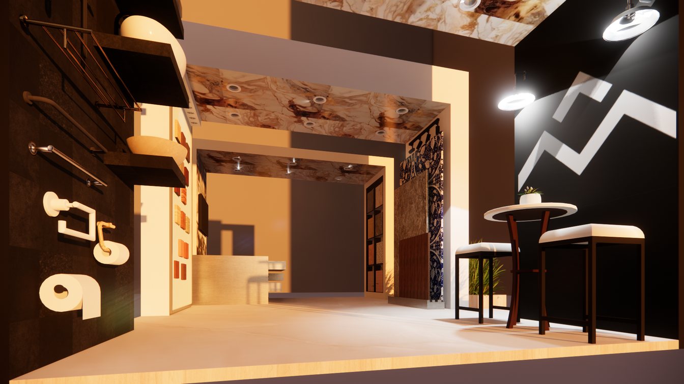 Rendu 3D du stand Marazzi, vue d'ensemble