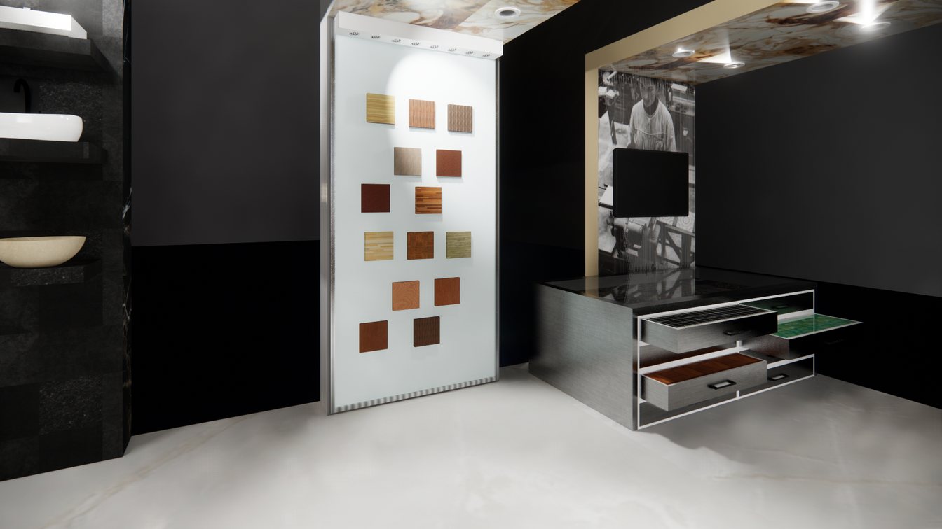 Rendu 3D du stand Marazzi, mur d'échantillons