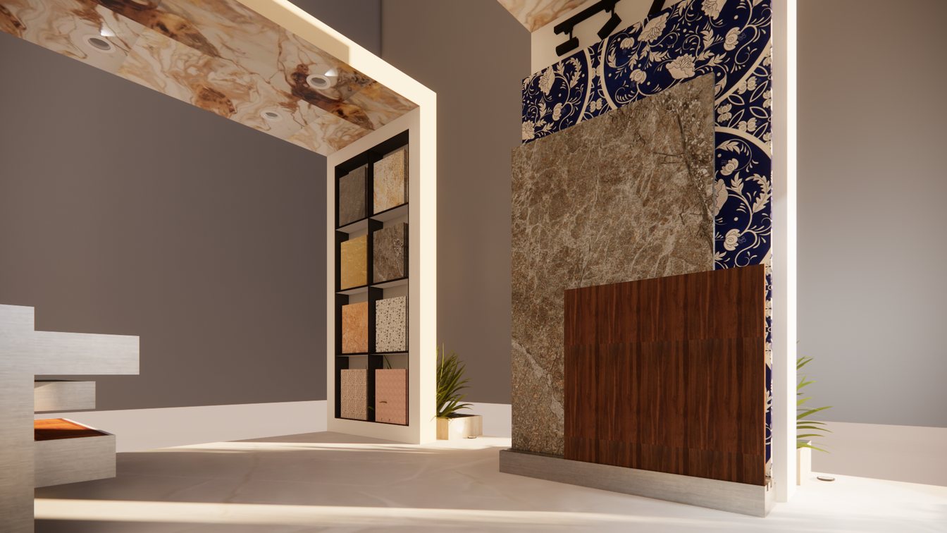 Rendu 3D du stand Marazzi, détail matières
